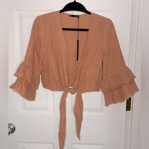 KRISA Linen Crop Front Tie 3/4 Raw Hem Sleeves Top Size M